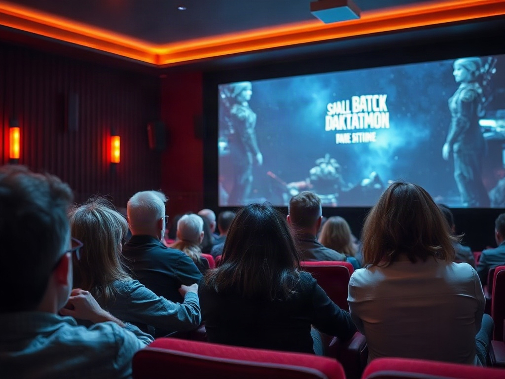 В кинотеатре демонстрируется фильм с названием "Small Batch Daktatmon". Люди смотрят на экран.