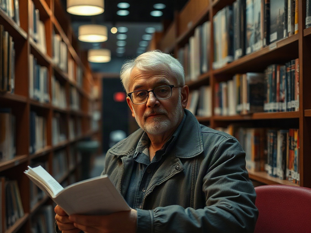 Пожилой мужчина с серыми волосами и очками сидит в библиотеке с книгой в руках. Стеллажи с книгами позади.