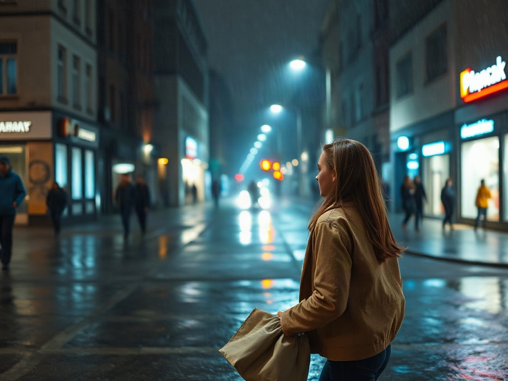 На улице дождь, девушка с сумкой смотрит на освещённую улицу в тёмное время суток.
