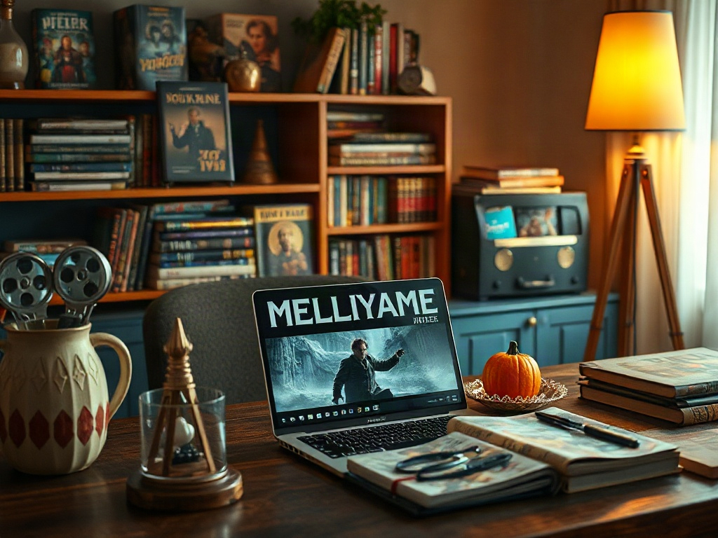 На столе с книгами и журналами стоит ноутбук с фильмом "Melliyame" и декором для уюта.